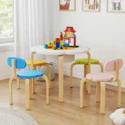 5 Teiliges Kinder Tisch Stuhl Set in Blumenform mit Stauram Kindersitzgruppe Maltisch aus Holz