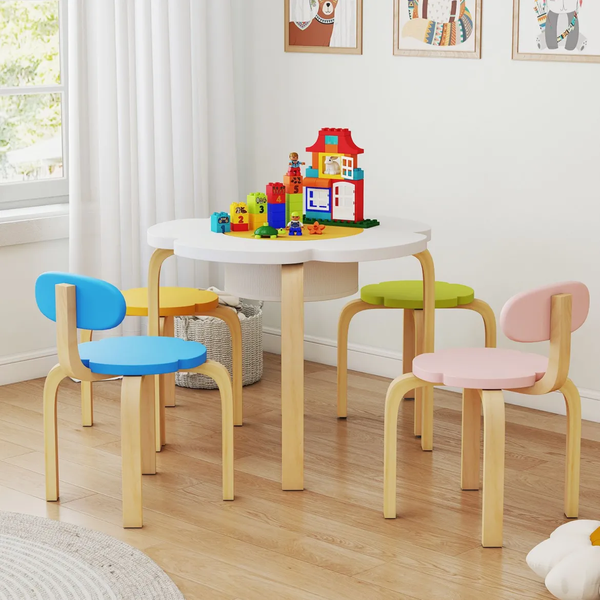 5 Teiliges Kinder Tisch Stuhl Set in Blumenform mit Stauram Kindersitzgruppe Maltisch aus Holz