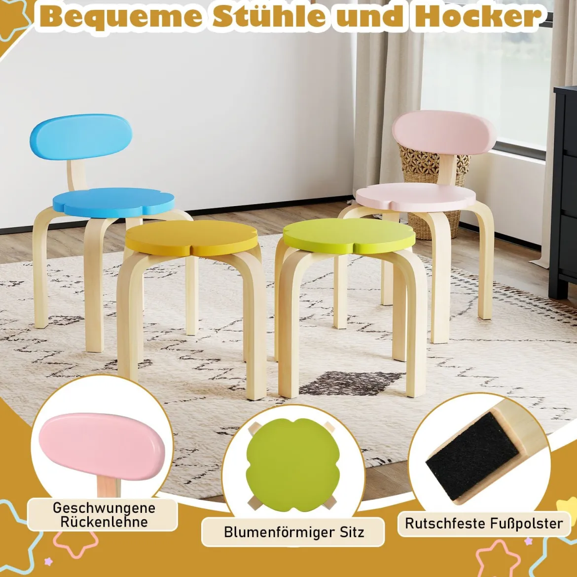 5 Teiliges Kinder Tisch Stuhl Set in Blumenform mit Stauram Kindersitzgruppe Maltisch aus Holz