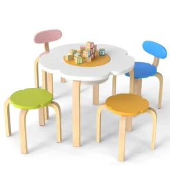 5 Teiliges Kinder Tisch Stuhl Set in Blumenform mit Stauram Kindersitzgruppe Maltisch aus Holz