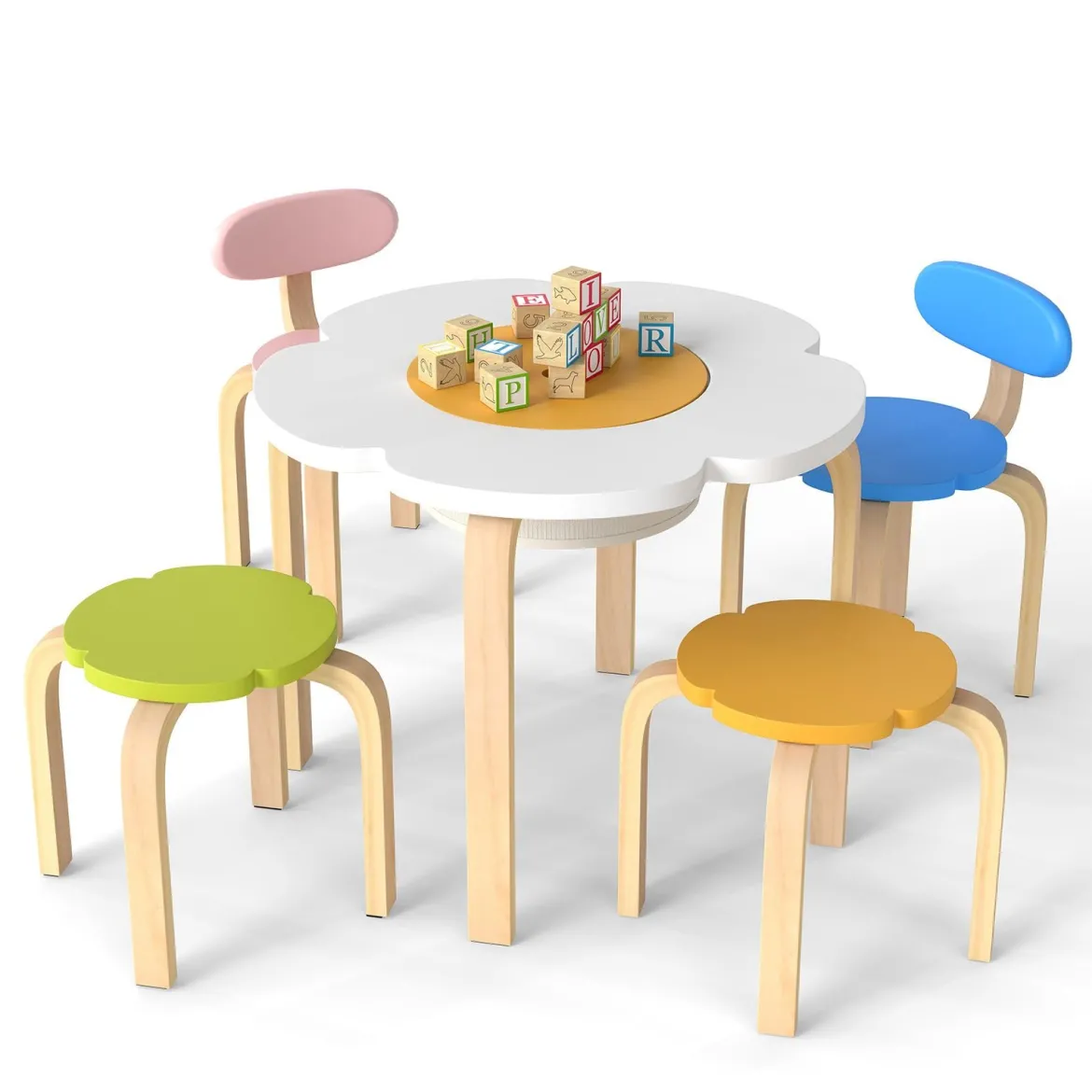 5 Teiliges Kinder Tisch Stuhl Set in Blumenform mit Stauram Kindersitzgruppe Maltisch aus Holz