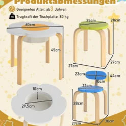 5 Teiliges Kinder Tisch Stuhl Set in Blumenform mit Stauram Kindersitzgruppe Maltisch aus Holz