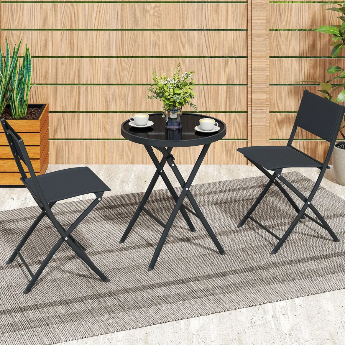3-teiliges klappbares Bistro-Set Gartensitzgruppe mit atmungsaktivem Stoffsitz & gehärteter Glastischplatte Schwarz