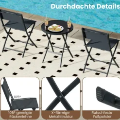 3-teiliges klappbares Bistro-Set Gartensitzgruppe mit atmungsaktivem Stoffsitz & gehärteter Glastischplatte Schwarz