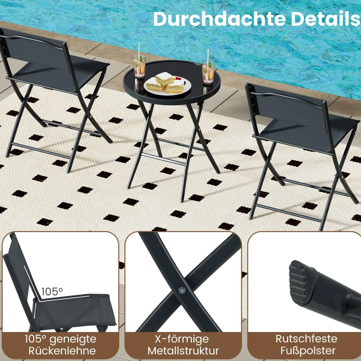 3-teiliges klappbares Bistro-Set Gartensitzgruppe mit atmungsaktivem Stoffsitz & gehärteter Glastischplatte Schwarz