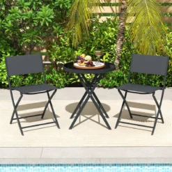 3-teiliges klappbares Bistro-Set Gartensitzgruppe mit atmungsaktivem Stoffsitz & gehärteter Glastischplatte Schwarz
