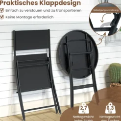 3-teiliges klappbares Bistro-Set Gartensitzgruppe mit atmungsaktivem Stoffsitz & gehärteter Glastischplatte Schwarz