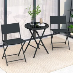 3-teiliges klappbares Bistro-Set Gartensitzgruppe mit atmungsaktivem Stoffsitz & gehärteter Glastischplatte Schwarz