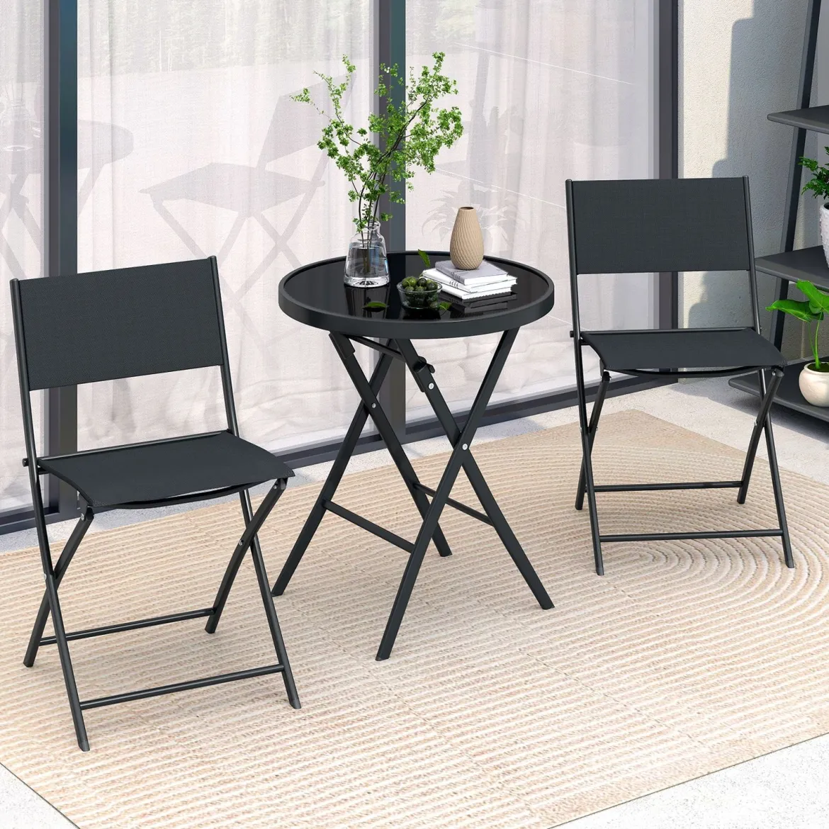 3-teiliges klappbares Bistro-Set Gartensitzgruppe mit atmungsaktivem Stoffsitz & gehärteter Glastischplatte Schwarz