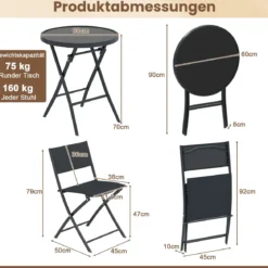 3-teiliges klappbares Bistro-Set Gartensitzgruppe mit atmungsaktivem Stoffsitz & gehärteter Glastischplatte Schwarz