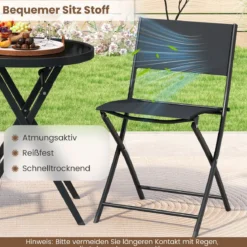 3-teiliges klappbares Bistro-Set Gartensitzgruppe mit atmungsaktivem Stoffsitz & gehärteter Glastischplatte Schwarz