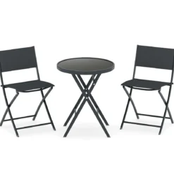 3-teiliges klappbares Bistro-Set Gartensitzgruppe mit atmungsaktivem Stoffsitz & gehärteter Glastischplatte Schwarz