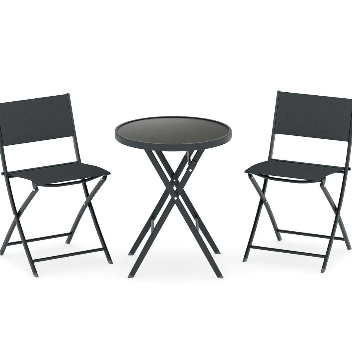 3-teiliges klappbares Bistro-Set Gartensitzgruppe mit atmungsaktivem Stoffsitz & gehärteter Glastischplatte Schwarz