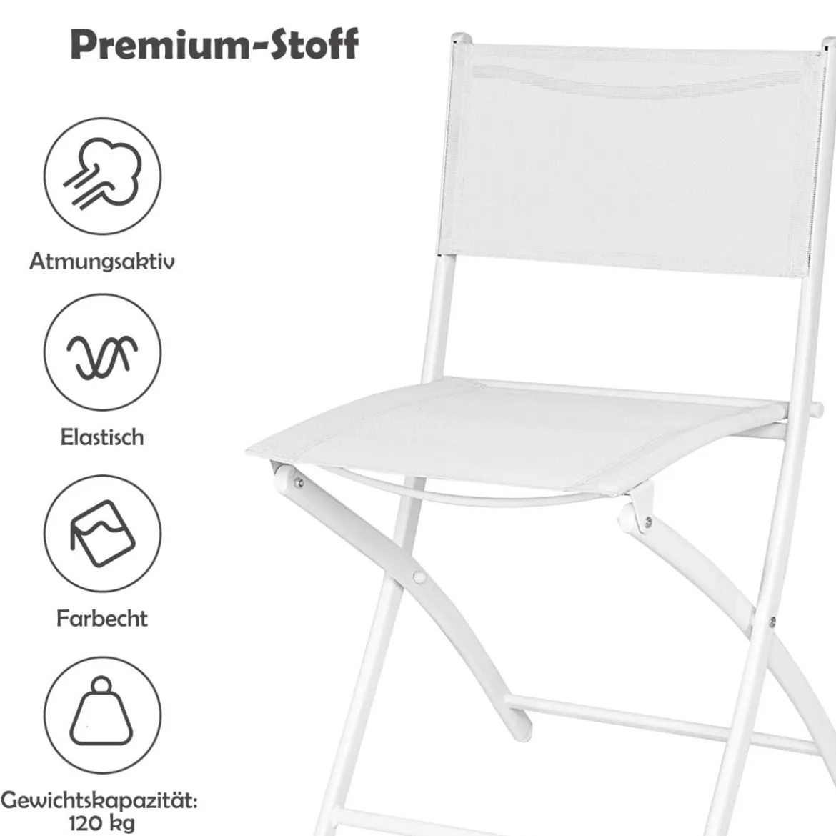 3-teiliges klappbares Bistroset Balkonset Gartenset Sitzgarnitur mit 2 Stühle & 1 runder Tisch Weiß