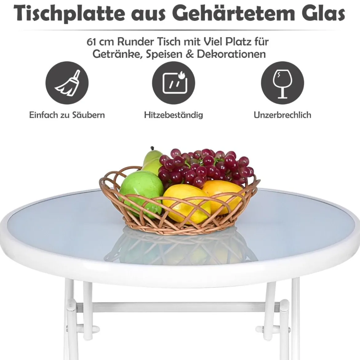 3-teiliges klappbares Bistroset Balkonset Gartenset Sitzgarnitur mit 2 Stühle & 1 runder Tisch Weiß