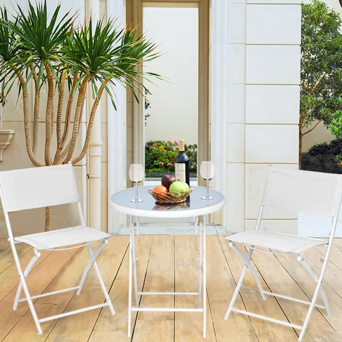3-teiliges klappbares Bistroset Balkonset Gartenset Sitzgarnitur mit 2 Stühle & 1 runder Tisch Weiß