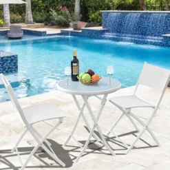 3-teiliges klappbares Bistroset Balkonset Gartenset Sitzgarnitur mit 2 Stühle & 1 runder Tisch Weiß
