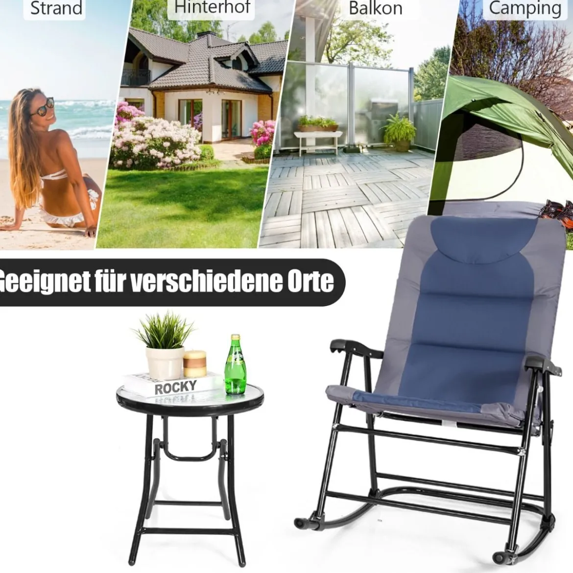 3-teiliges klappbares Bistro-Set Outdoor-Schaukelstühle mit TischBlau + Grau