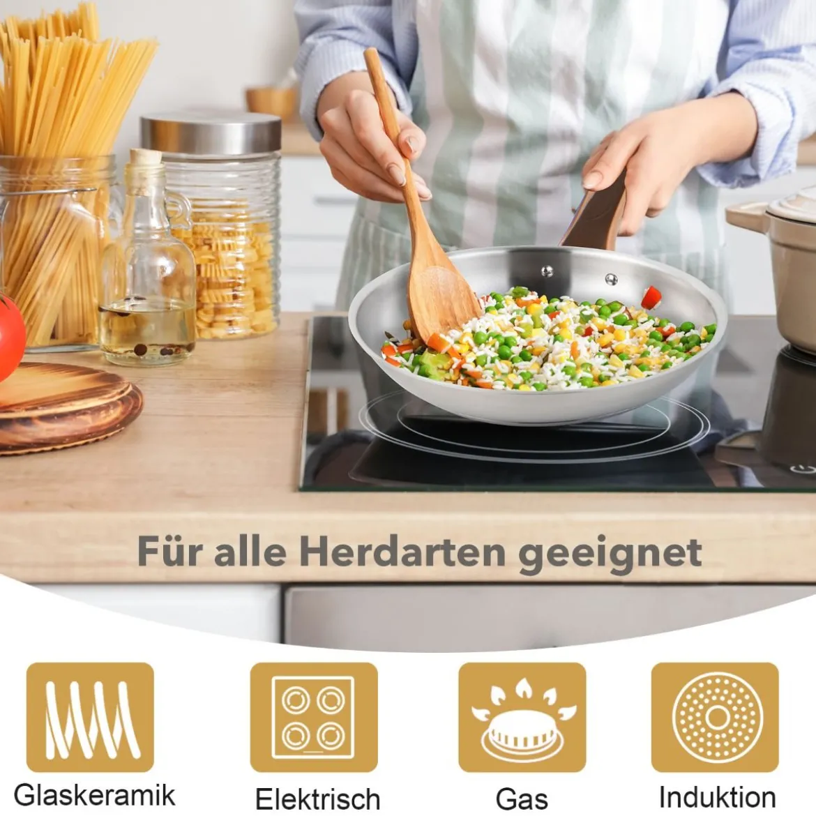 11-Teiliges Kochgeschirr Set mit Transparenten Deckeln & Dreilagigem Boden Silber + Roségold