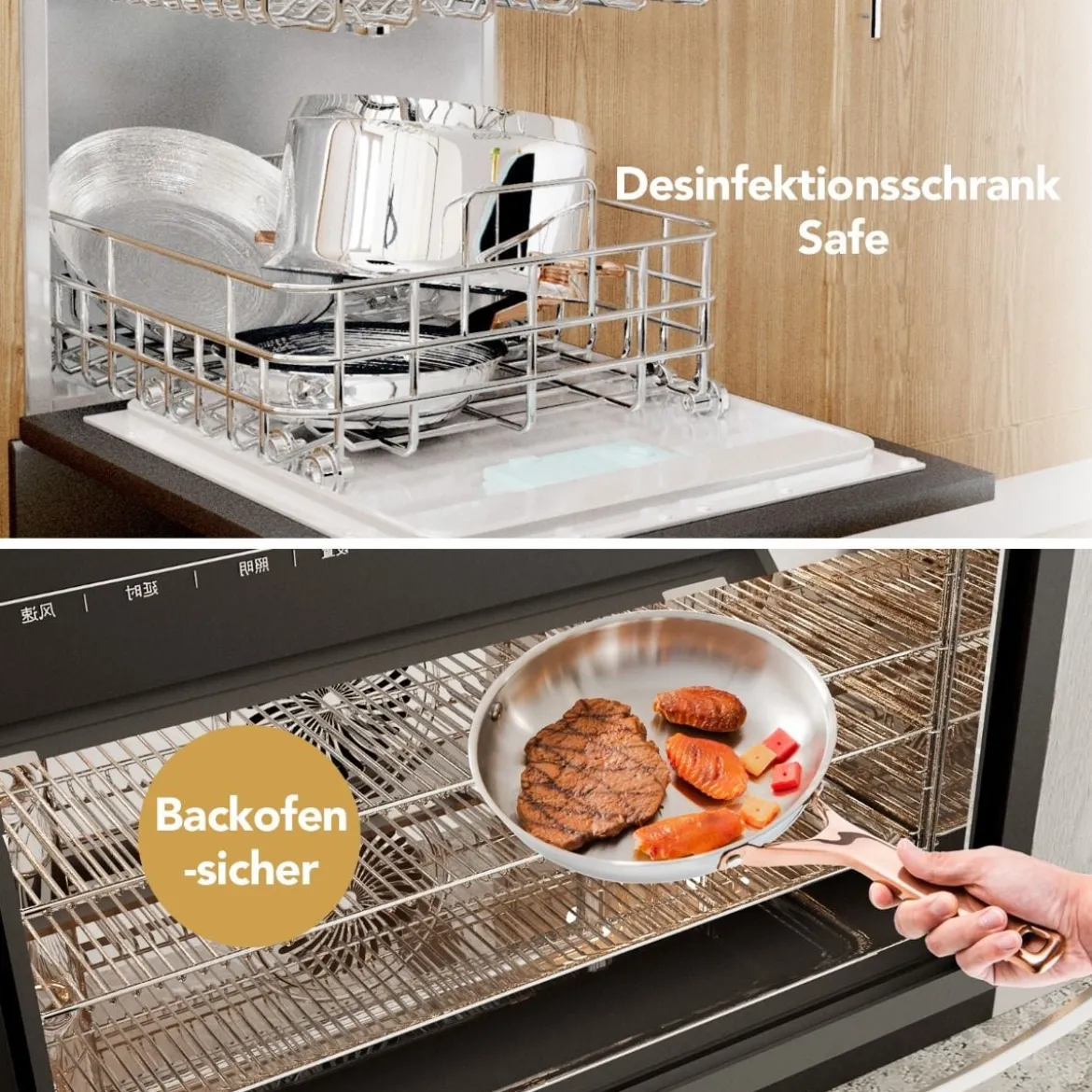 11-Teiliges Kochgeschirr Set mit Transparenten Deckeln & Dreilagigem Boden Silber + Roségold