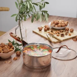 11-Teiliges Kochgeschirr Set mit Transparenten Deckeln & Dreilagigem Boden Silber + Roségold