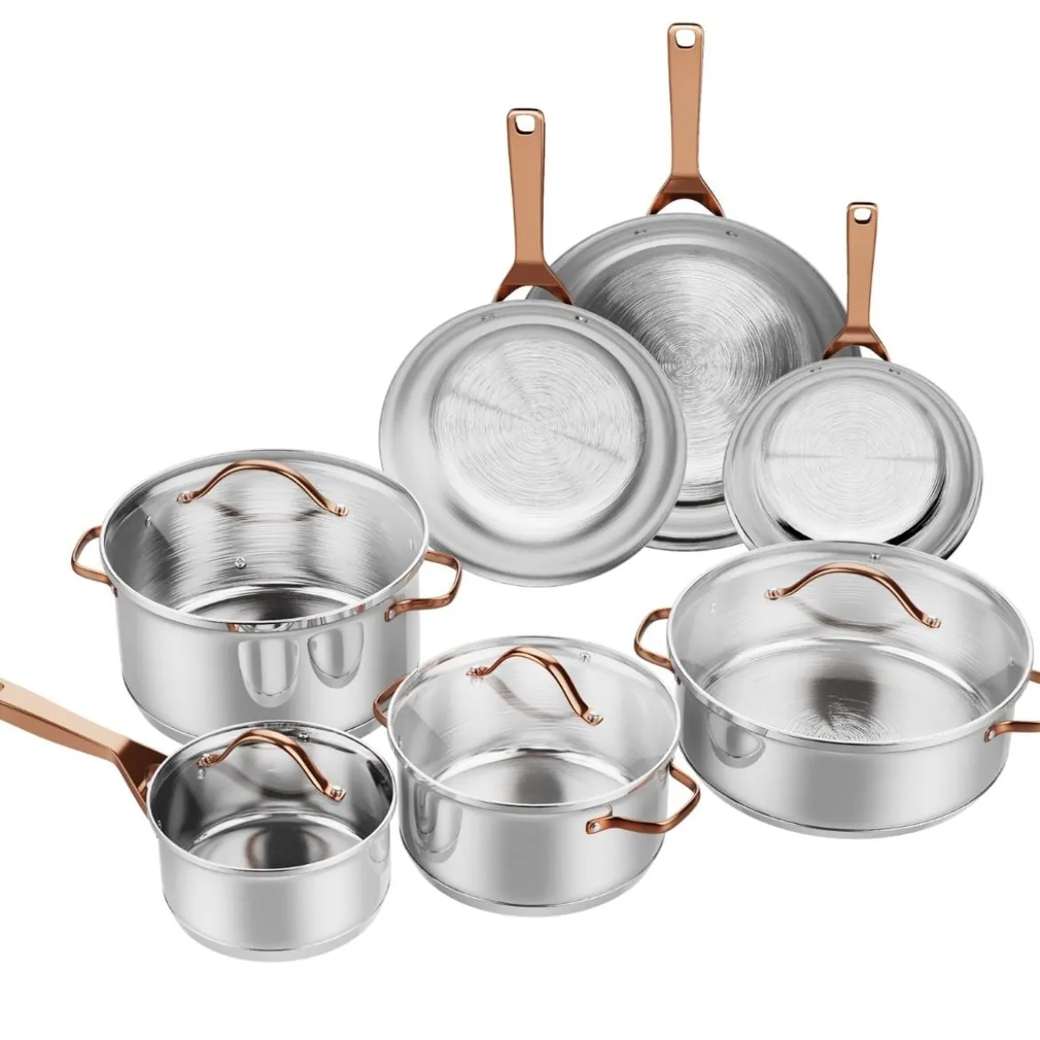11-Teiliges Kochgeschirr Set mit Transparenten Deckeln & Dreilagigem Boden Silber + Roségold