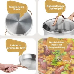 11-Teiliges Kochgeschirr Set mit Transparenten Deckeln & Dreilagigem Boden Silber + Roségold