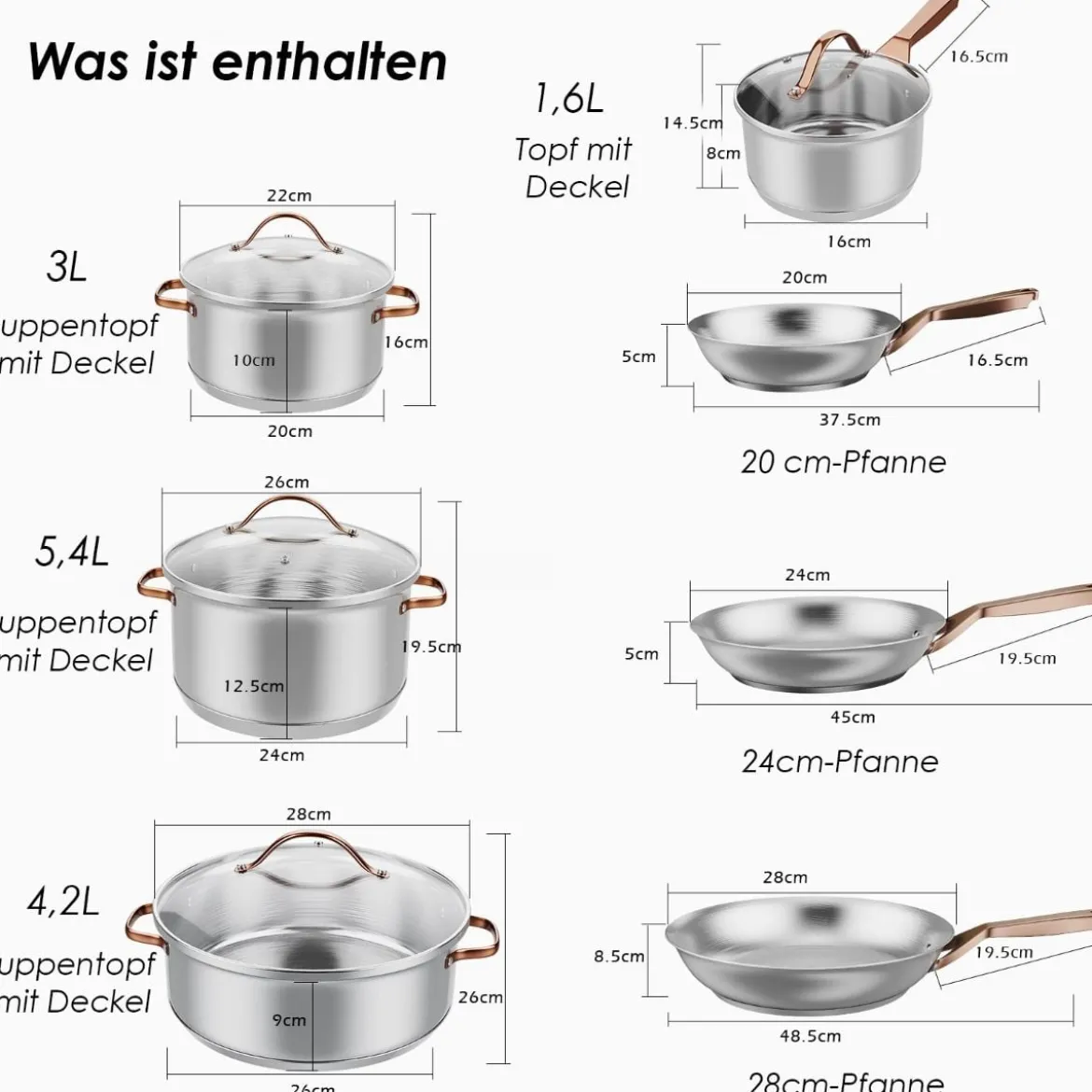 11-Teiliges Kochgeschirr Set mit Transparenten Deckeln & Dreilagigem Boden Silber + Roségold