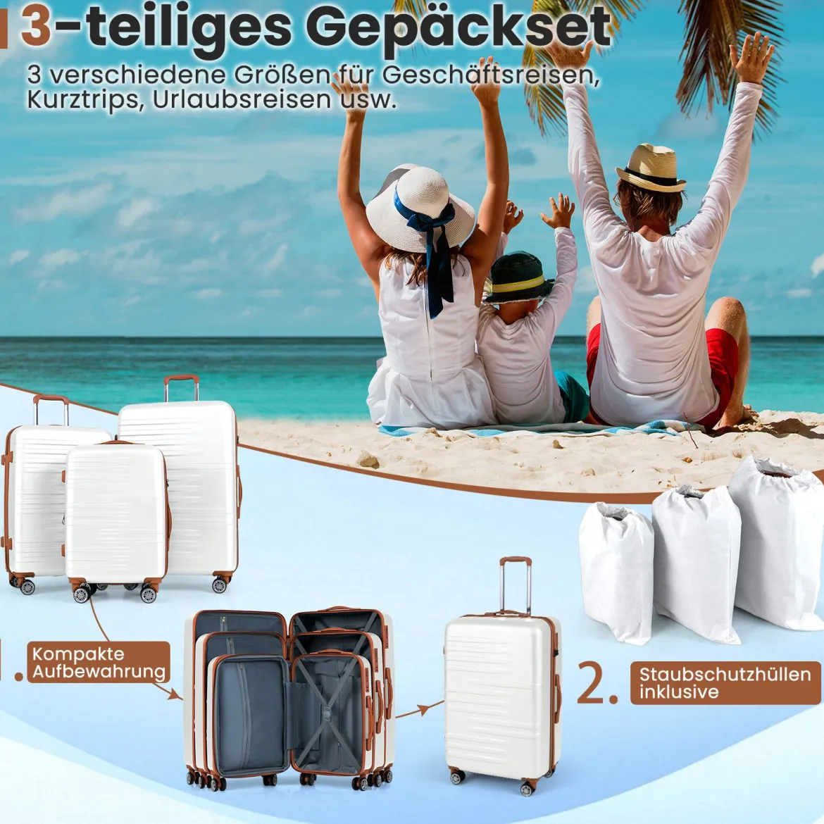 3-teiliges Kofferset Hartschalen Kofferset mit TSA-Schloss Teleskop-Aluminiumgriff & 4 Rollen Weiß