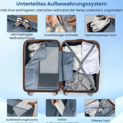 3-teiliges Kofferset Hartschalen Kofferset mit TSA-Schloss Teleskop-Aluminiumgriff & 4 Rollen Blau