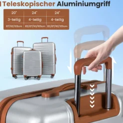 3-teiliges Kofferset Hartschalen Kofferset mit TSA-Schloss Teleskop-Aluminiumgriff & 4 Rollen Silber