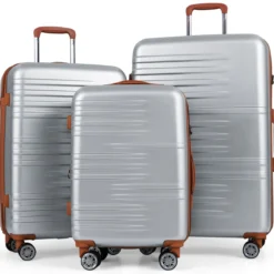 3-teiliges Kofferset Hartschalen Kofferset mit TSA-Schloss Teleskop-Aluminiumgriff & 4 Rollen Silber