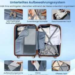3-teiliges Kofferset Hartschalen Kofferset mit TSA-Schloss Teleskop-Aluminiumgriff & 4 Rollen Silber