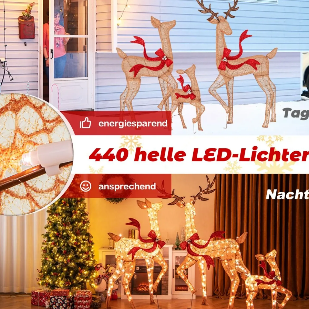 3-teiliges LED Rentier Familie Weihnachtsdeko beleuchtetes Rentier Weihnachtsfigur mit 440 warmweißen Lichtern