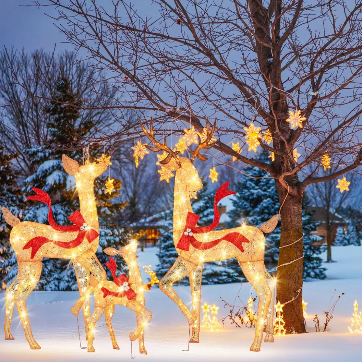 3-teiliges LED Rentier Familie Weihnachtsdeko beleuchtetes Rentier Weihnachtsfigur mit 440 warmweißen Lichtern
