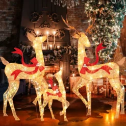 3-teiliges LED Rentier Familie Weihnachtsdeko beleuchtetes Rentier Weihnachtsfigur mit 440 warmweißen Lichtern