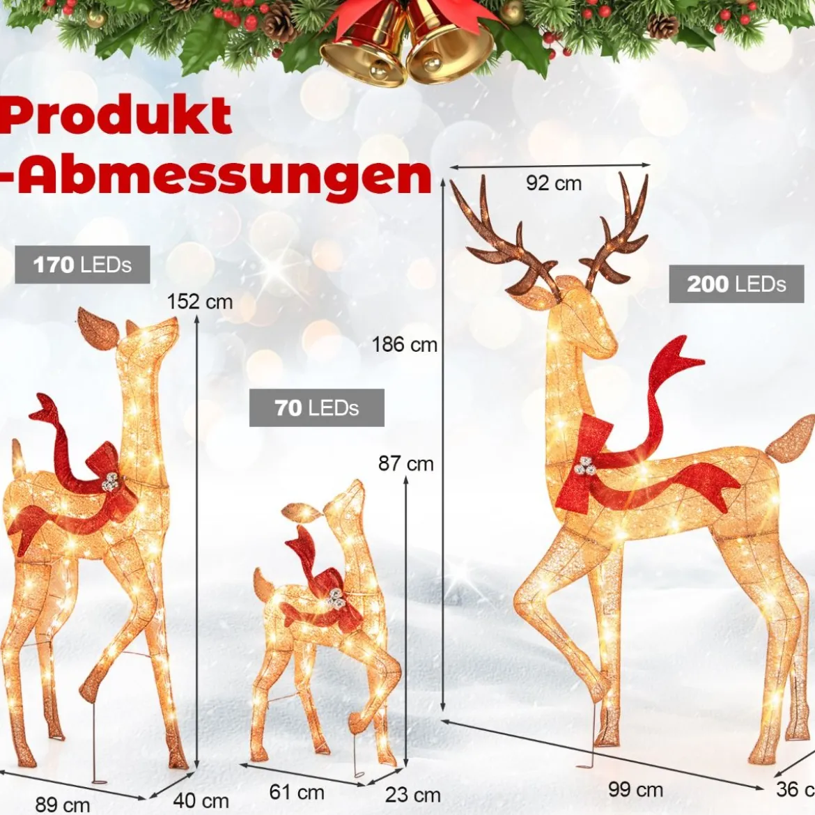 3-teiliges LED Rentier Familie Weihnachtsdeko beleuchtetes Rentier Weihnachtsfigur mit 440 warmweißen Lichtern