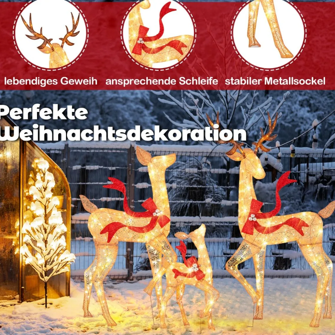 3-teiliges LED Rentier Familie Weihnachtsdeko beleuchtetes Rentier Weihnachtsfigur mit 440 warmweißen Lichtern