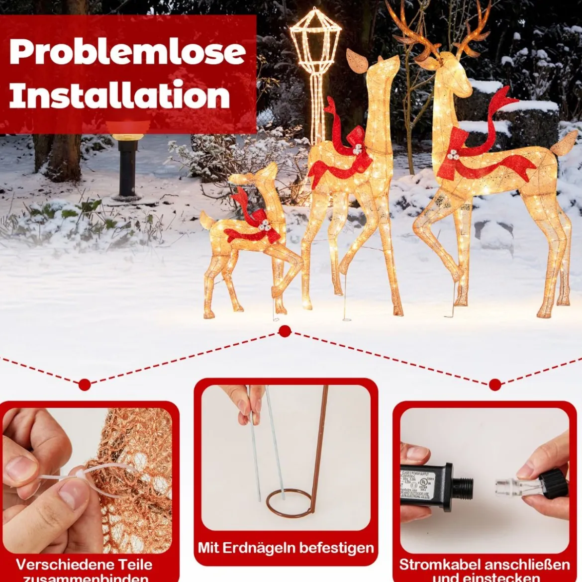 3-teiliges LED Rentier Familie Weihnachtsdeko beleuchtetes Rentier Weihnachtsfigur mit 440 warmweißen Lichtern