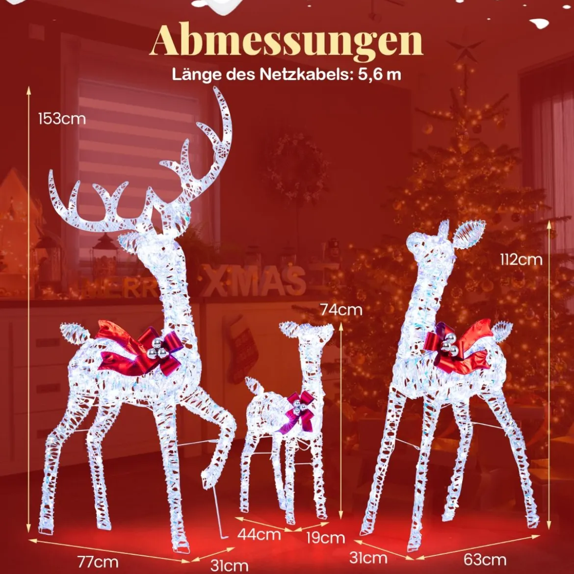 3-teiliges LED Rentier Familie Weihnachtsdeko mit 215 Kaltweißen Lichtern Beleuchtetes Rentier