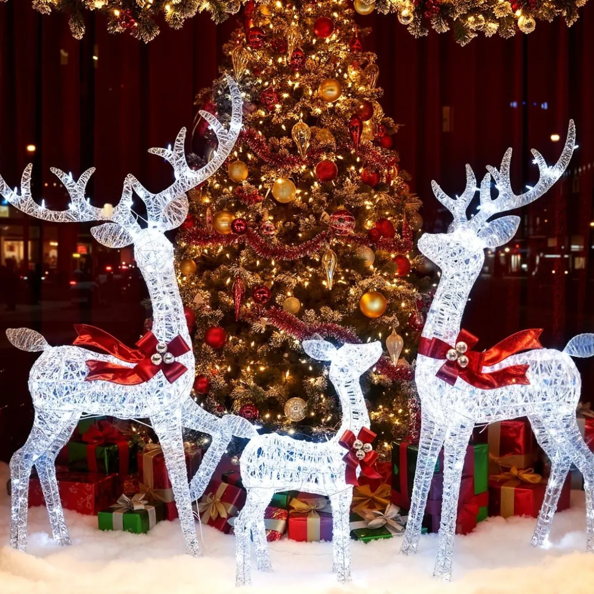 3-teiliges LED Rentier Familie Weihnachtsdeko mit 215 Kaltweißen Lichtern Beleuchtetes Rentier