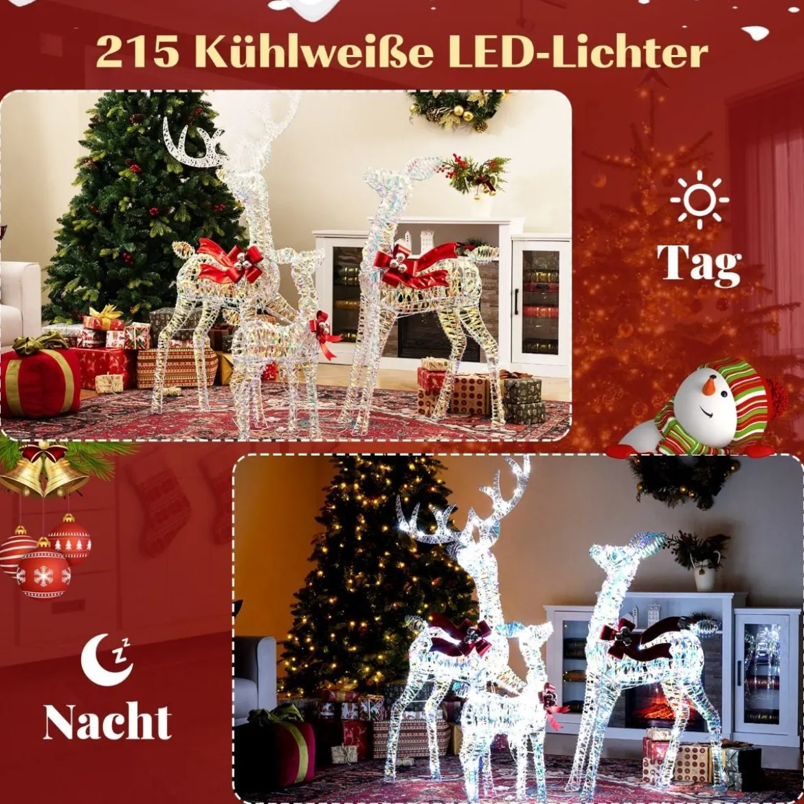 3-teiliges LED Rentier Familie Weihnachtsdeko mit 215 Kaltweißen Lichtern Beleuchtetes Rentier