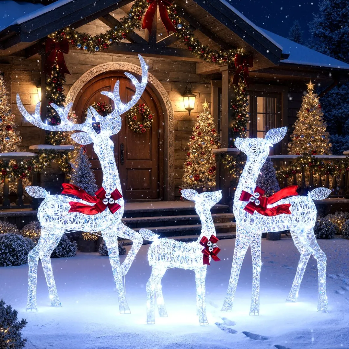 3-teiliges LED Rentier Familie Weihnachtsdeko mit 215 Kaltweißen Lichtern Beleuchtetes Rentier