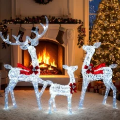 3-teiliges LED Rentier Familie Weihnachtsdeko mit 215 Kaltweißen Lichtern Beleuchtetes Rentier