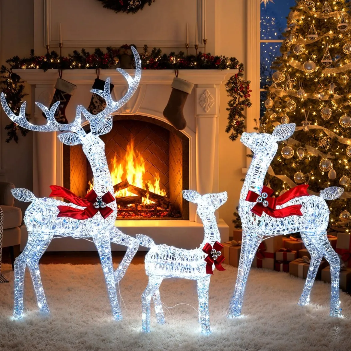 3-teiliges LED Rentier Familie Weihnachtsdeko mit 215 Kaltweißen Lichtern Beleuchtetes Rentier