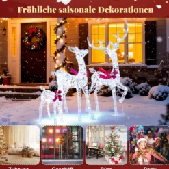 3-teiliges LED Rentier Familie Weihnachtsdeko mit 215 Kaltweißen Lichtern Beleuchtetes Rentier