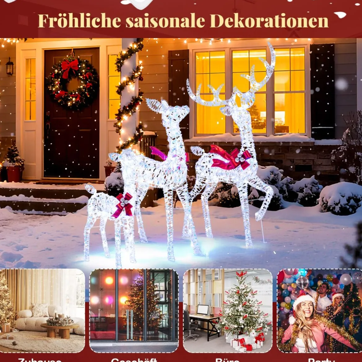 3-teiliges LED Rentier Familie Weihnachtsdeko mit 215 Kaltweißen Lichtern Beleuchtetes Rentier