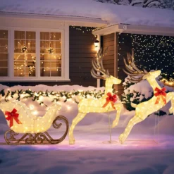 3-teiliges LED Rentier mit Schlitten Beleuchtete Rentier Weihnachtsfigur mit 280 Warmweißen LED-Lichtern