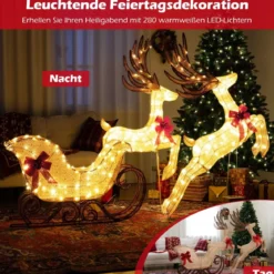 3-teiliges LED Rentier mit Schlitten Beleuchtete Rentier Weihnachtsfigur mit 280 Warmweißen LED-Lichtern
