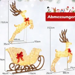3-teiliges LED Rentier mit Schlitten Beleuchtete Rentier Weihnachtsfigur mit 280 Warmweißen LED-Lichtern